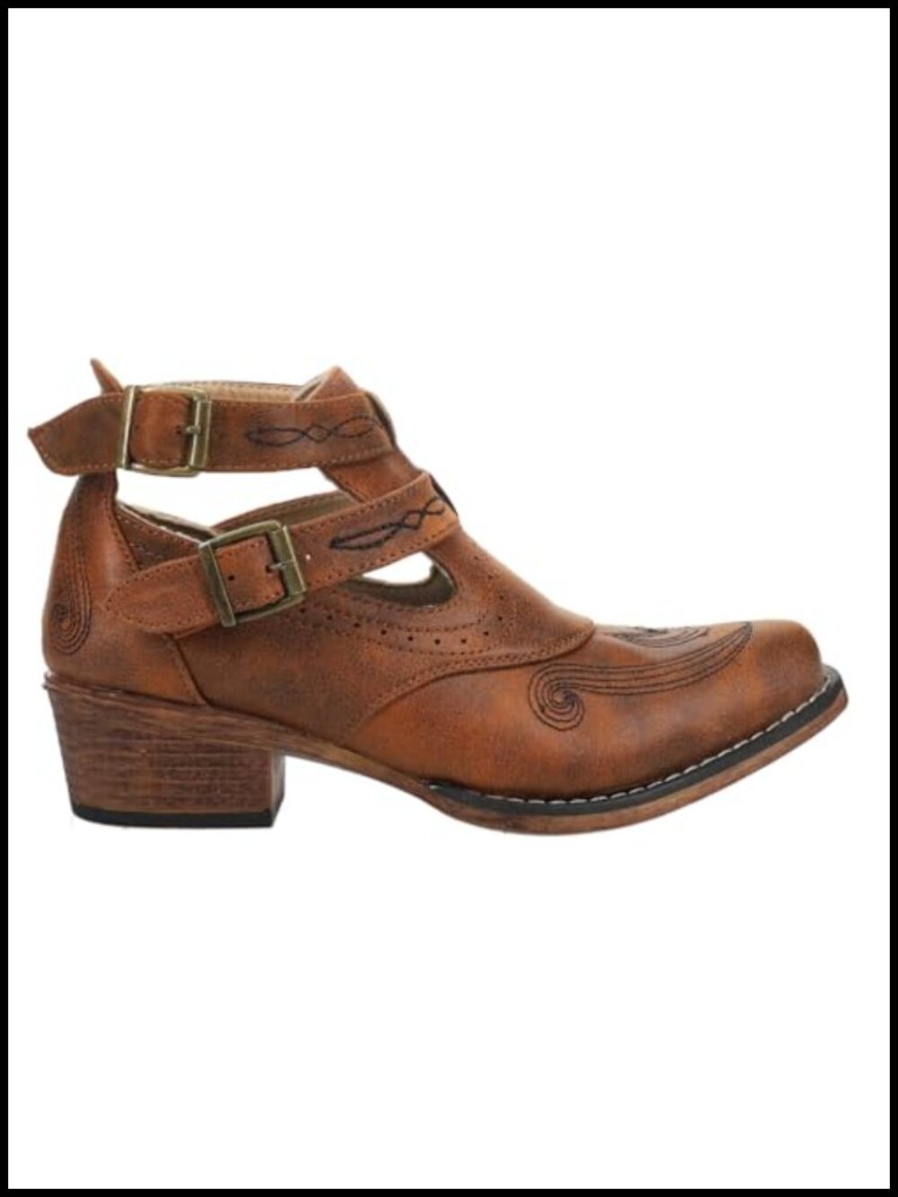 Full-Grain Leather Snip Toe Western Ankle Boots Harness Buckle